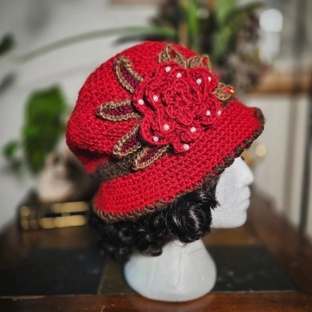 Handmade Red Knit Crochet Cloche‎ Hat Floral Pearl Accent Bucket Hat